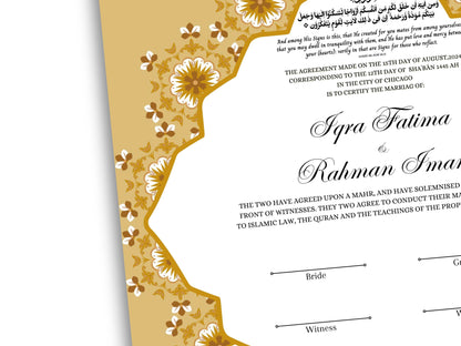 Customized Nikkah Certificate, A4/A3 Contract Digital Nikah Nama, Islamic Marriage Certificate, Muslim Marriage Contract Gold.NN228