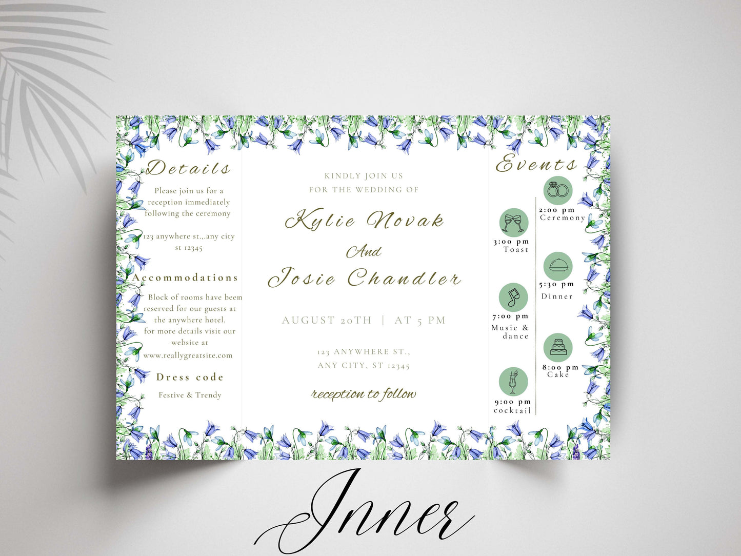 Blue Floral Gatefold Wedding Invitation | Elegant Folded Invite with Timeline | Botanical Watercolor Wedding Card | Qr Code Card. WI143