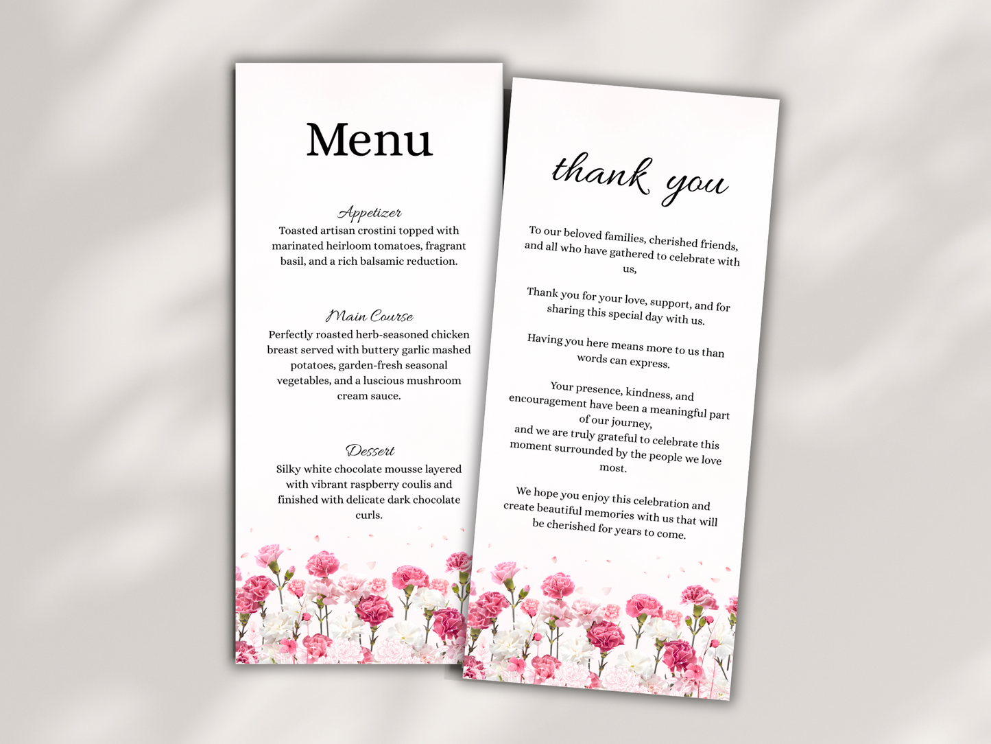 Wedding Reception Menu, thank you, table card, Instant Download MTC424