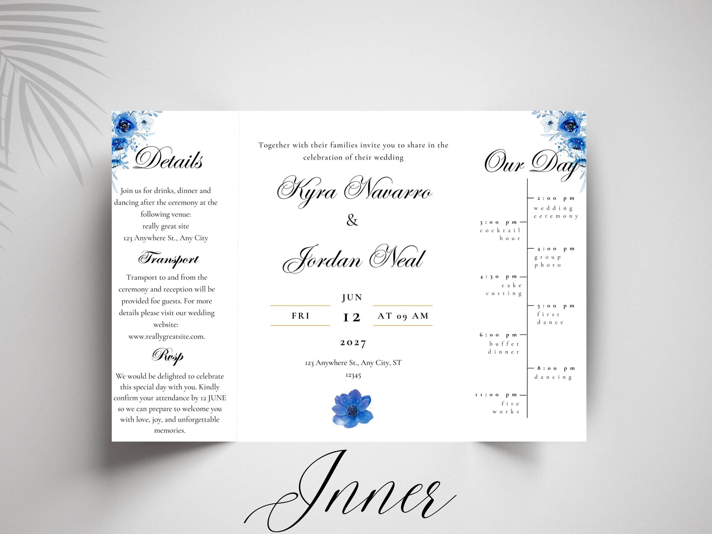 Elegant Blue Floral Wedding Invitation Template | Modern Folded Wedding Invite with Timeline | Printable Wedding Suite. WI150