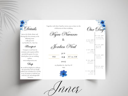 Elegant Blue Floral Wedding Invitation Template | Modern Folded Wedding Invite with Timeline | Printable Wedding Suite. WI150