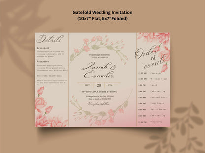 Pink Floral Wedding Invitation Template, Editable Order of Events Card, Modern Wedding Itinerary, Printable Wedding Invite Suite. 171