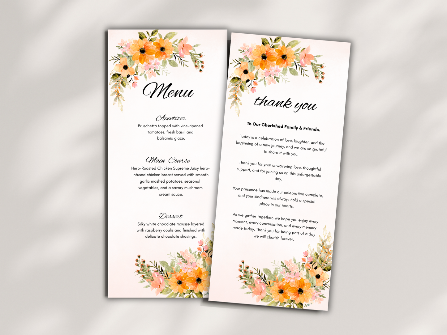 Floral Wedding Menu, Thank You & Table Cards, Instant Download WI394