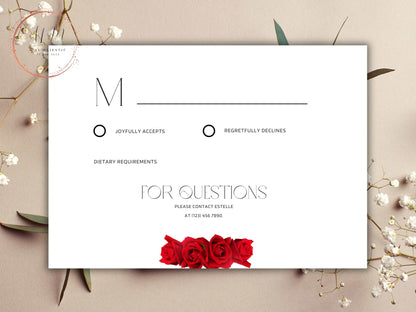 Red Rose Wedding Invitation set, Red Rose RSVP, Dark Red floral, Elegant Red Rose wedding Invitation, Details Editable, Menu Card, WC34