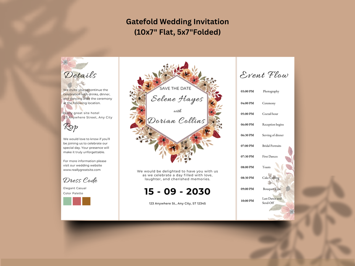 Rustic Floral Gatefold Wedding Invitation Template | Boho Save the Date & Event | Editable Invitation Suite | Fall Wedding Template. WI182