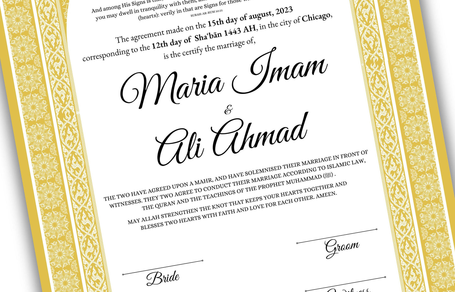 Luxury Nikkah certificate ,A3/a4 Nikkah Nama, Nikah , Islamic wedding contract, Muslim Marriage Certificate, Personalised Names. NN135