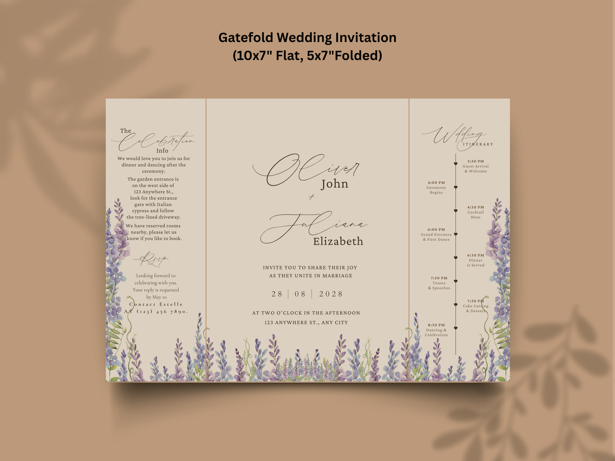 Lavender Wedding Invitation Template, Elegant Floral Itinerary Invite, Rustic Garden Wedding Suite, Editable Purple Flower Invitation.WI178