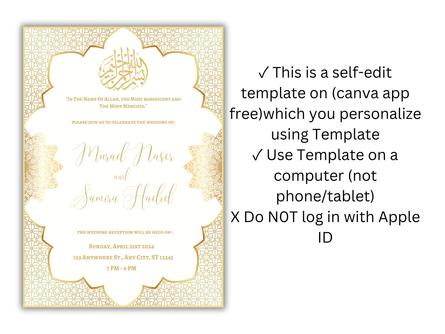 Gold Muslim Wedding Invitation, Nikkah Invitation, Muslim Wedding Invite, Wedding Invite, Invitation Template, Editable Canva Template, WT54