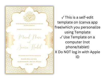 Gold Muslim Wedding Invitation, Nikkah Invitation, Muslim Wedding Invite, Wedding Invite, Invitation Template, Editable Canva Template, WT54