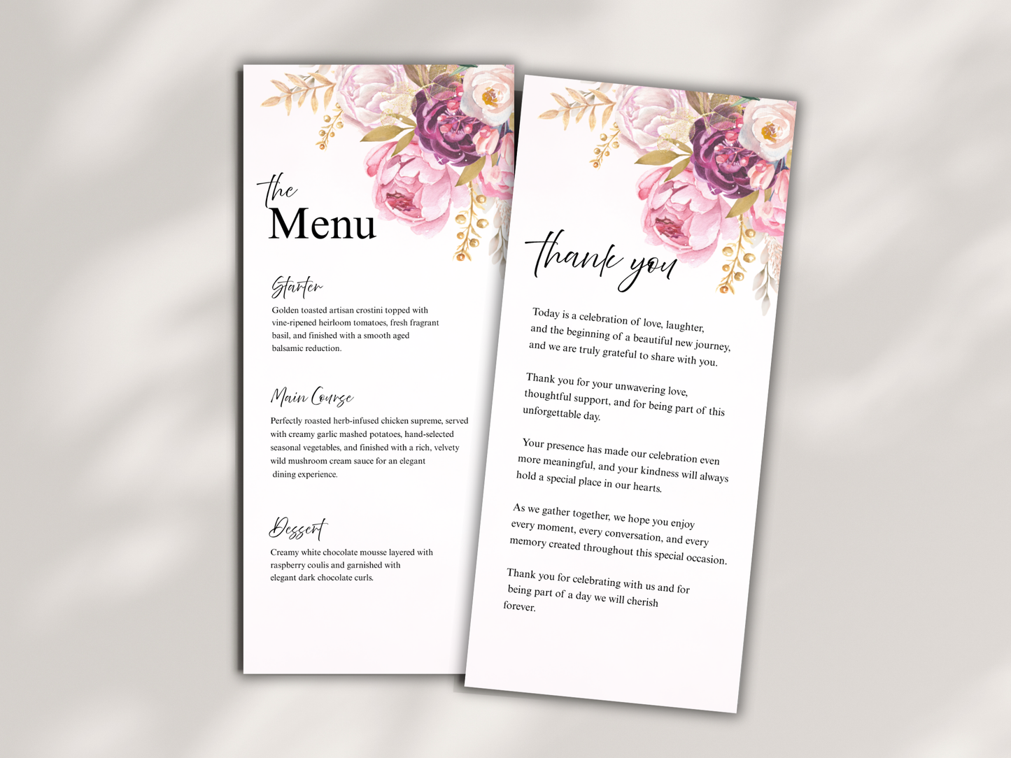 Elegant Reception Menu Template, Table, Thank you, Editable Templates MTC414