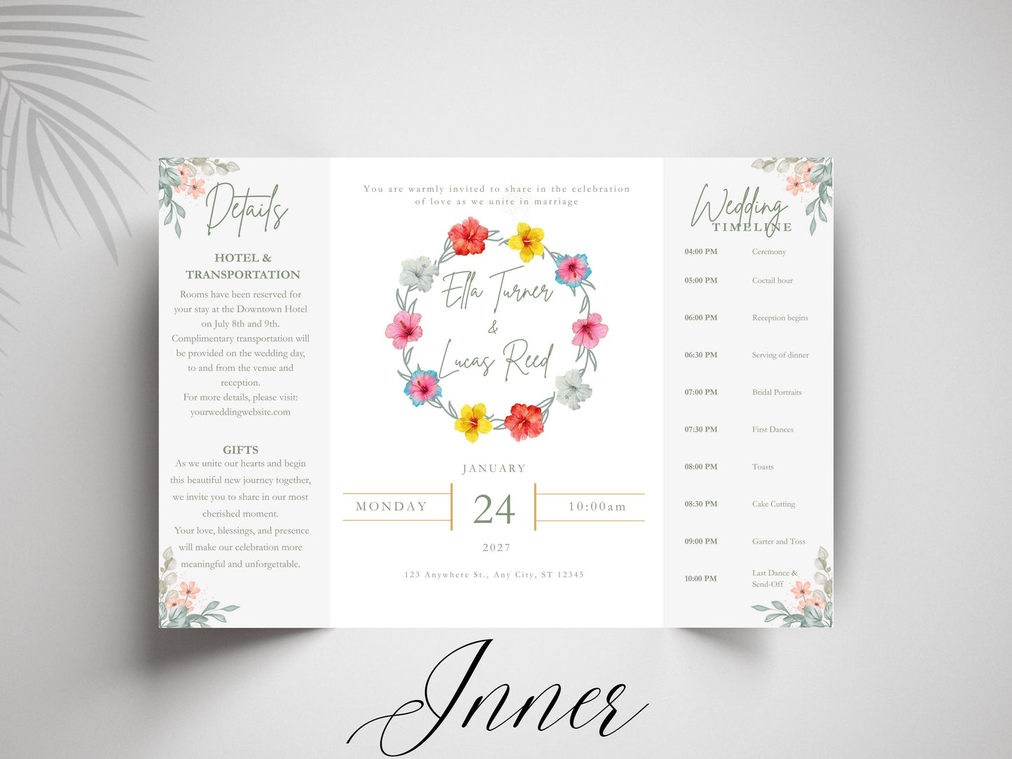 Floral Gatefold Wedding Invitation | Elegant Timeline Wedding Card | Modern Botanical Wedding Invitation with Details & Schedule. WI154