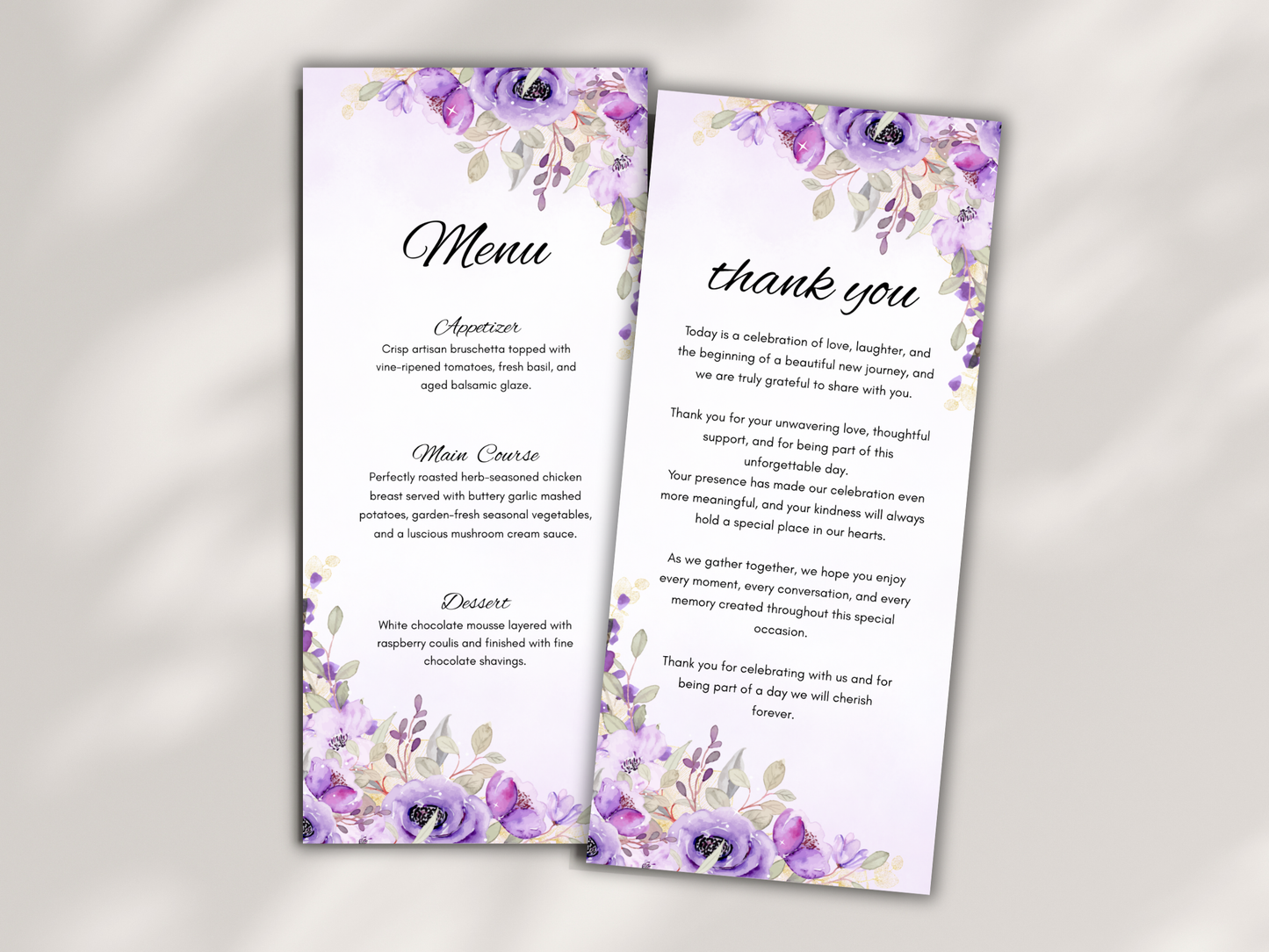 Wedding Menu, Thank You & Table Cards, Editable Canva Template WI400
