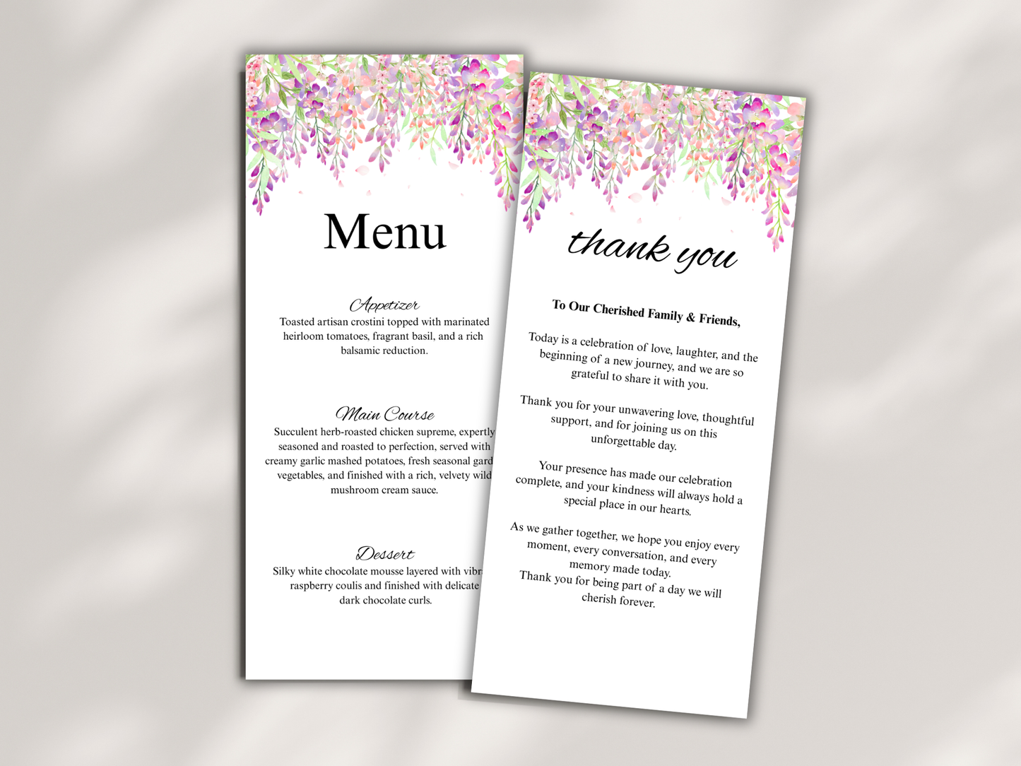 Wisteria Wedding Menu Card, thank you, table card MTC 422