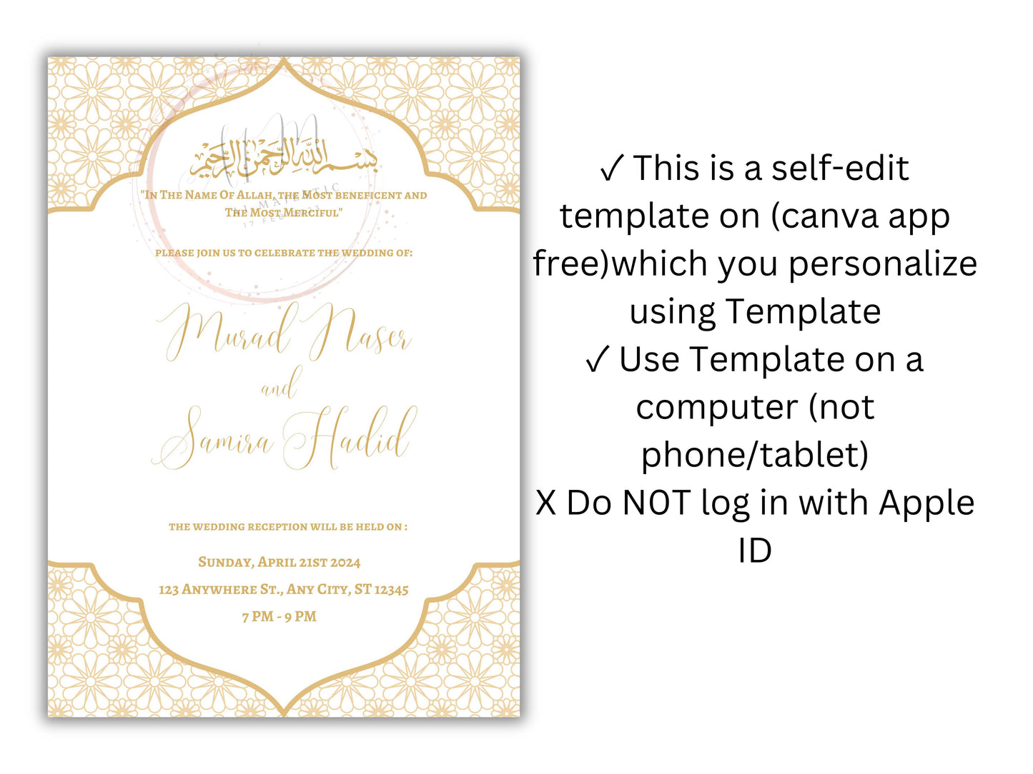 Muslim Wedding Invitation, Nikkah Invitation, Muslim Wedding Invite, Wedding Invite, Invitation Template, Editable Canva Template, WT53