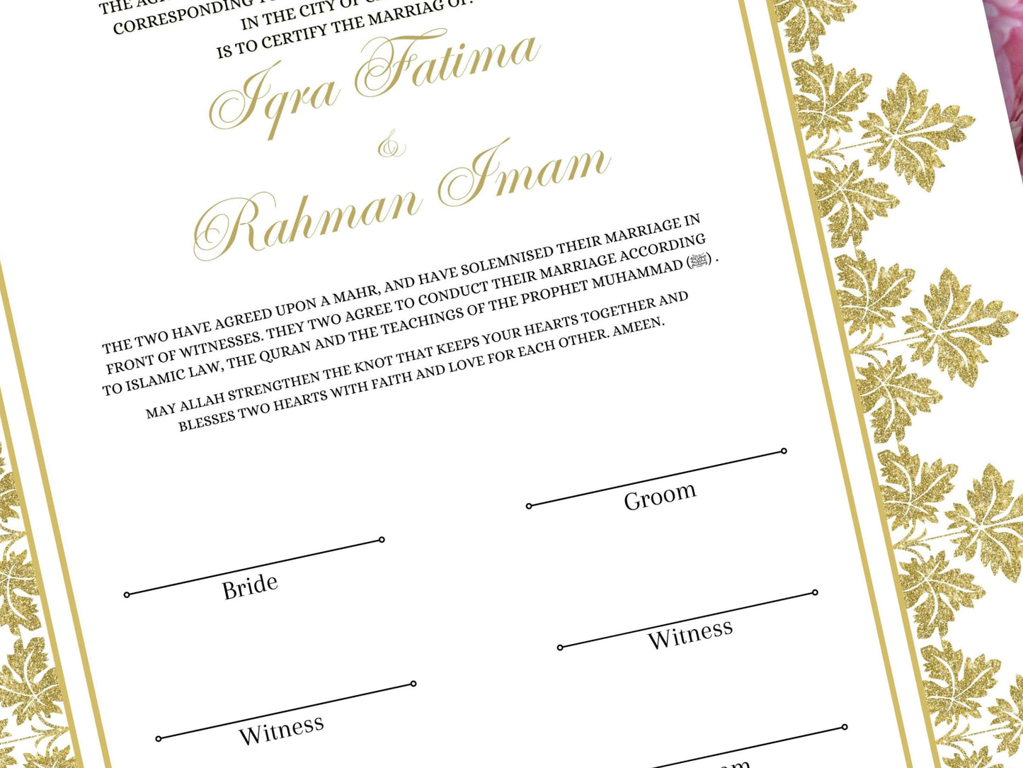 Luxury Nikkah Certificate, Premium A4 Islamic Wedding Contract, Nikkah Nama, Muslim Marriage Certificate, Personalised Names, A4, A3. NN214