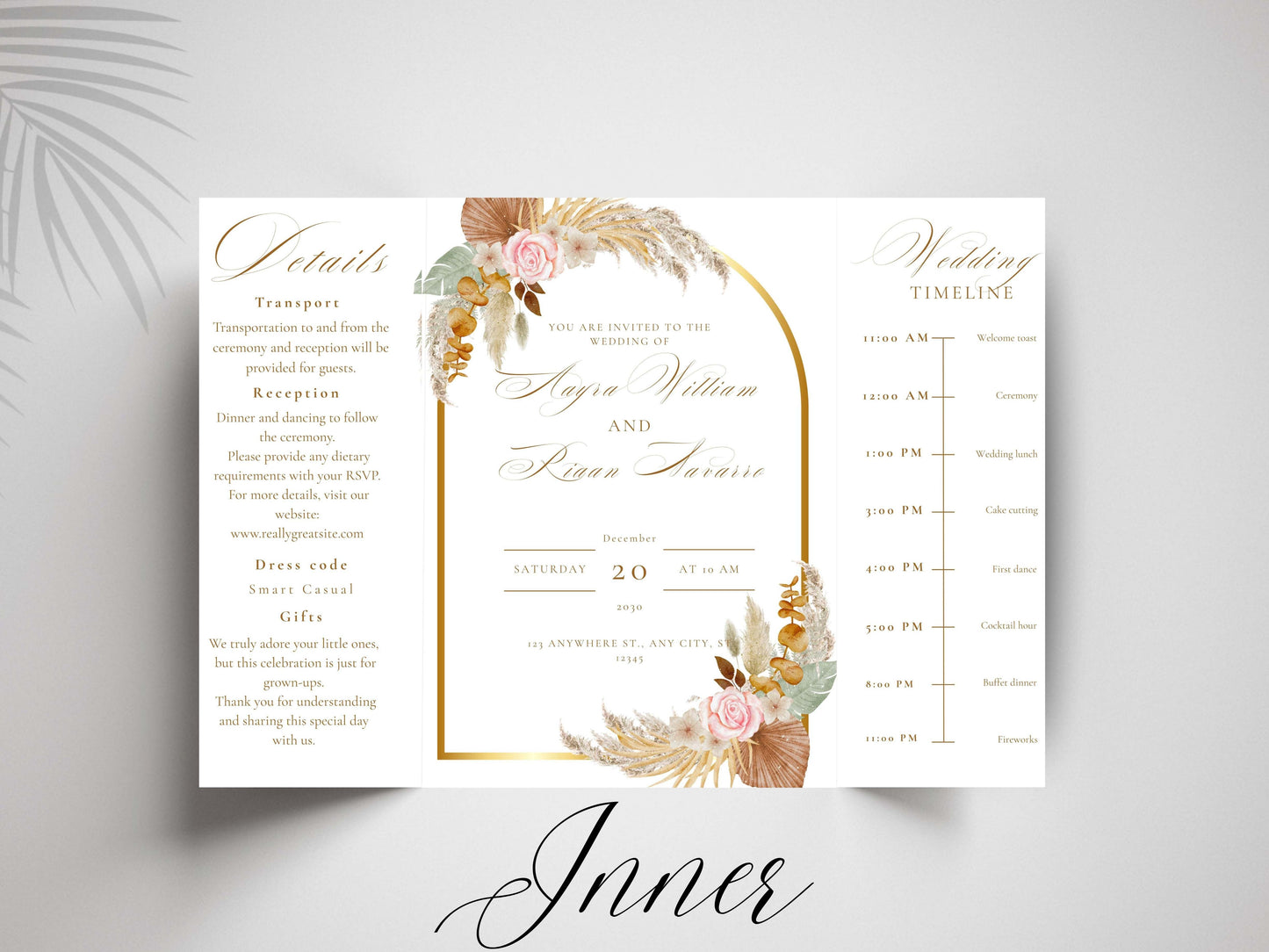 Elegant Wedding Invitation Template | Boho Floral Arch Invite with Timeline | Printable Details Card | Modern Wedding Stationery Suite.WI149