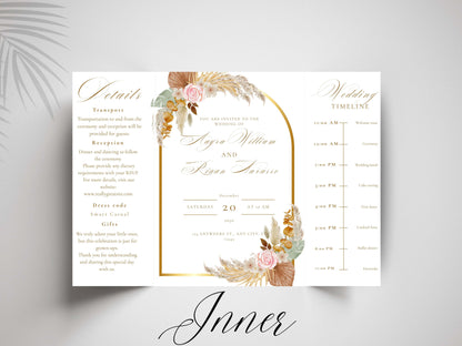 Elegant Wedding Invitation Template | Boho Floral Arch Invite with Timeline | Printable Details Card | Modern Wedding Stationery Suite.WI149