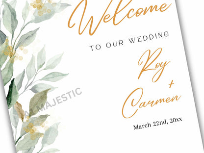 Green Leaves Wedding Welcome Sign Template, Greenery wedding welcome sign printable, Wedding welcome sign download. WS10