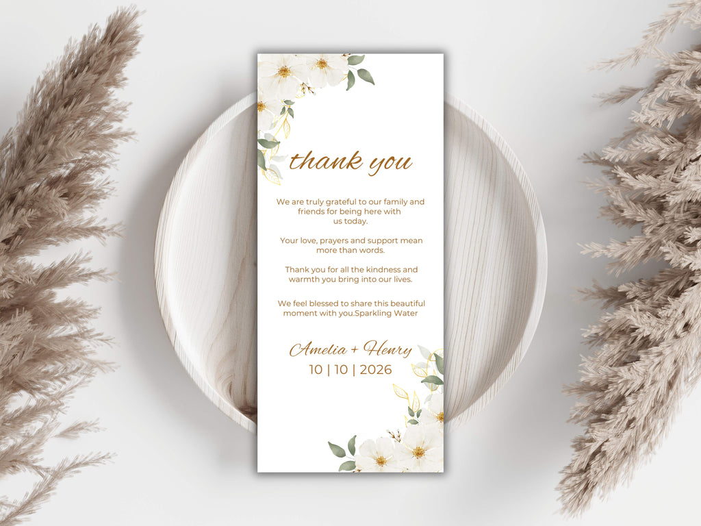 Elegant Floral Wedding Menu & Thank You Card Template | Printable Wedding Table Set | Minimalist White Flower Design.WI189