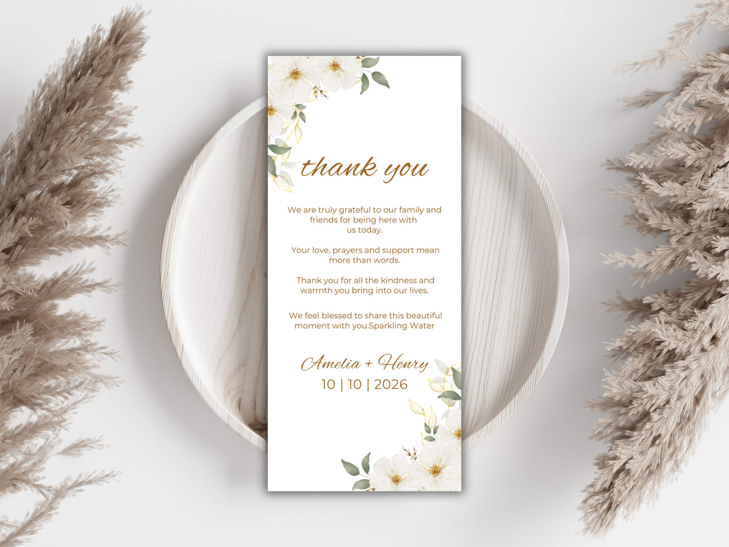 Elegant Floral Wedding Menu & Thank You Card Template | Printable Wedding Table Set | Minimalist White Flower Design.WI189