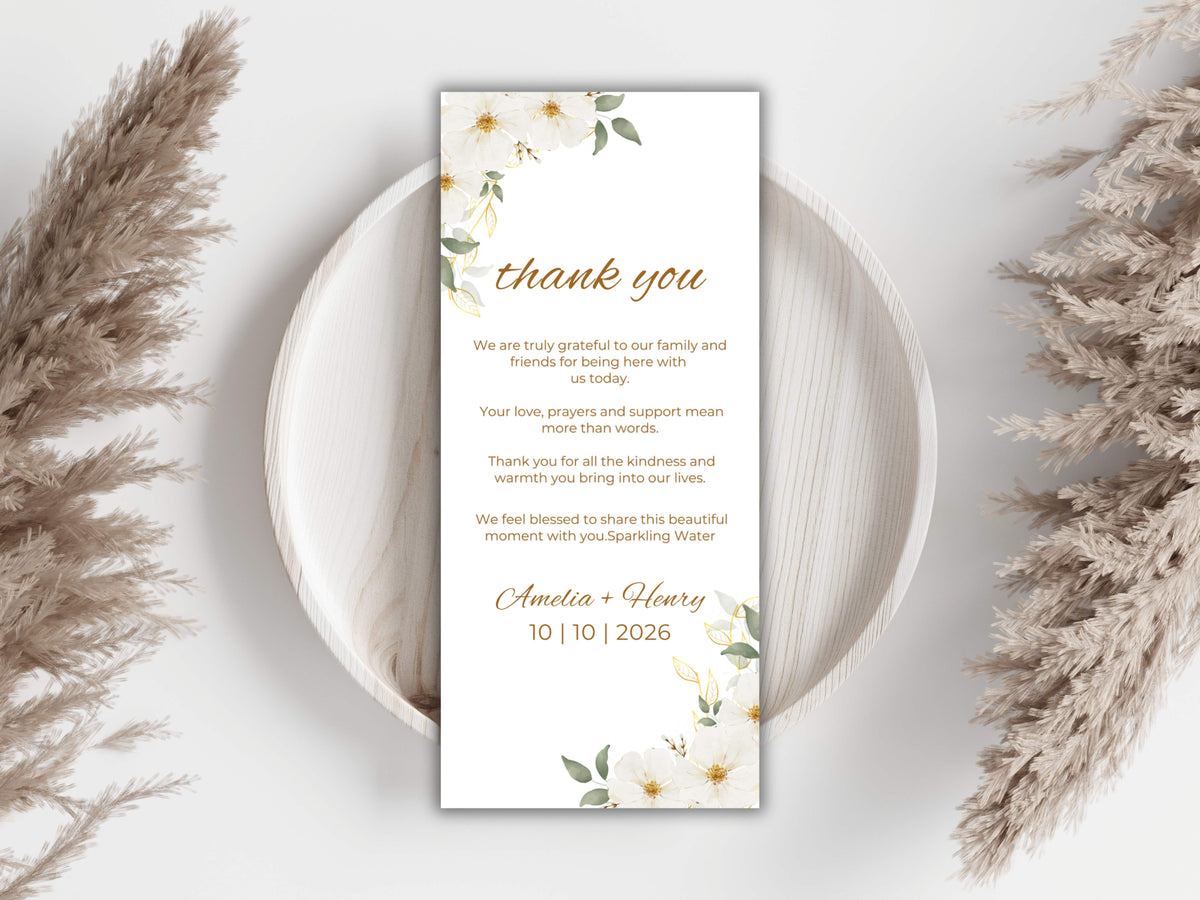 Elegant Floral Wedding Menu & Thank You Card Template | Printable Wedding Table Set | Minimalist White Flower Design.WI189