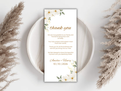 Elegant Floral Wedding Menu & Thank You Card Template | Printable Wedding Table Set | Minimalist White Flower Design.WI189