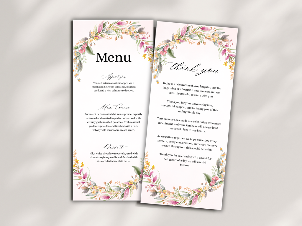 Floral Wedding Menu Card, Table, Thank you, Editable Canva Template, Instant Download MTC404