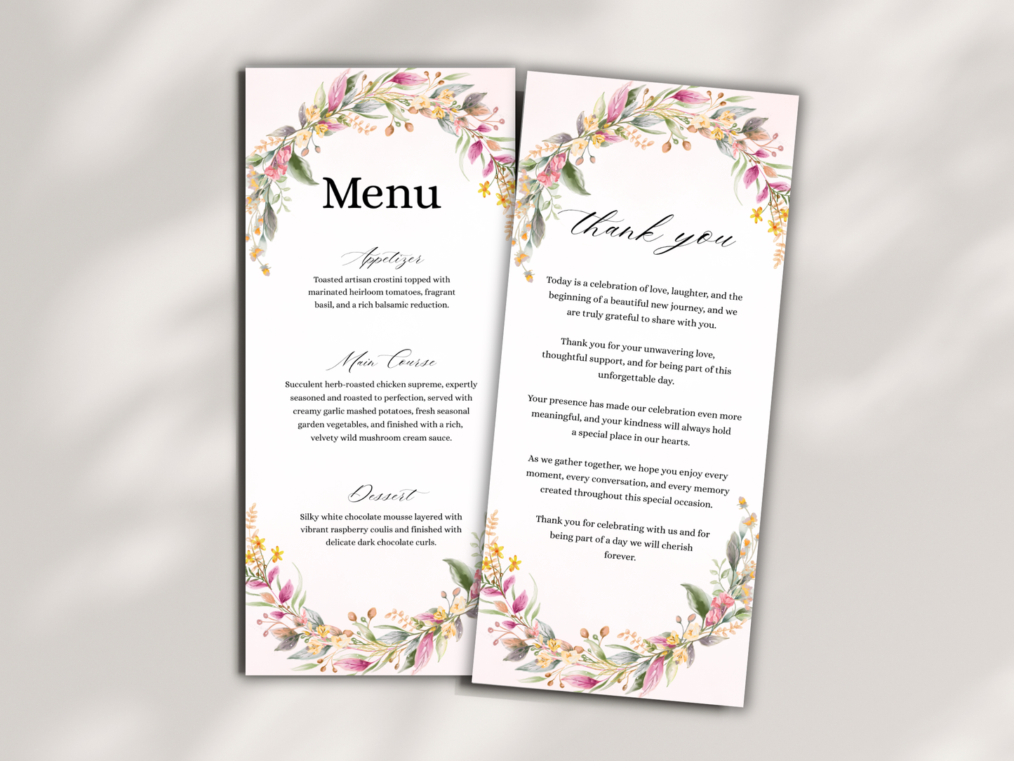 Floral Wedding Menu Card, Table, Thank you, Editable Canva Template, Instant Download MTC404