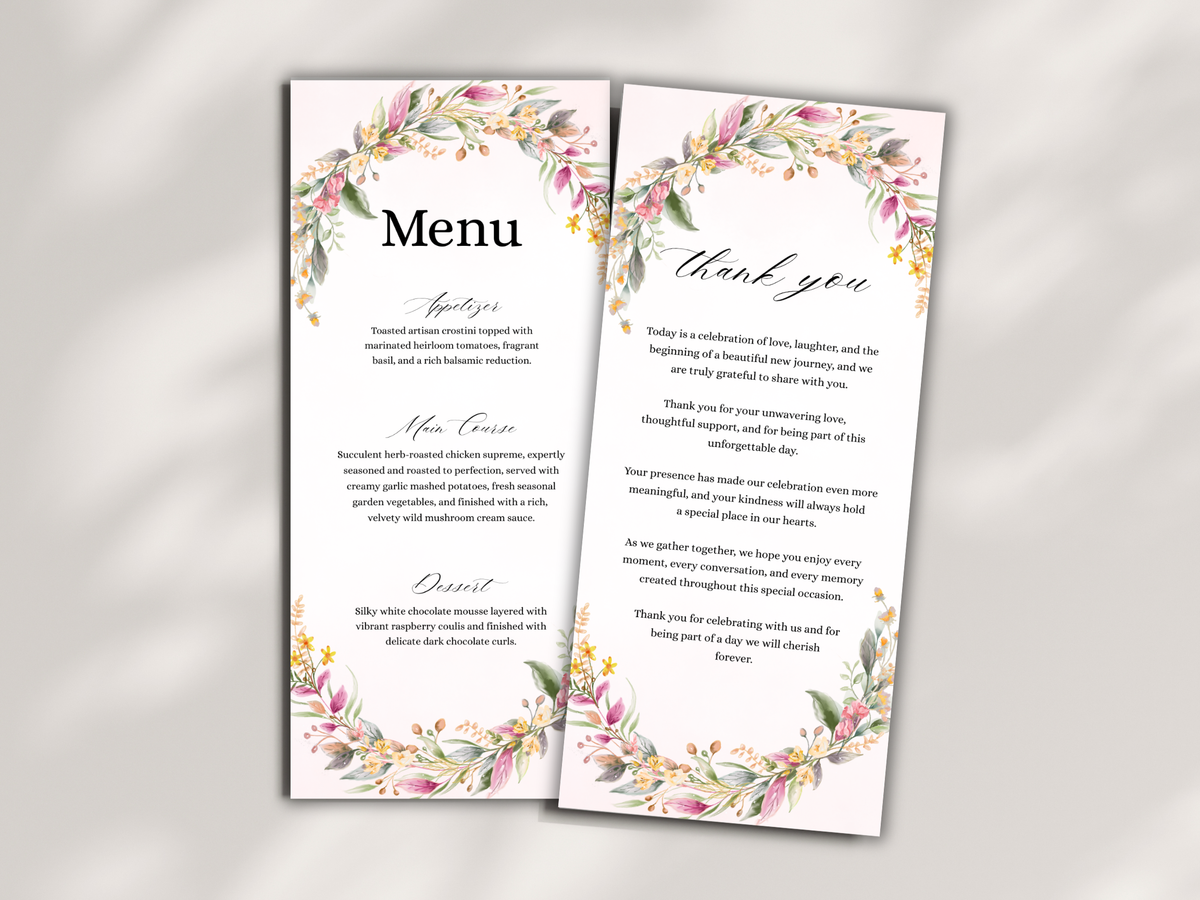 Floral Wedding Menu Card, Table, Thank you, Editable Canva Template, Instant Download MTC404