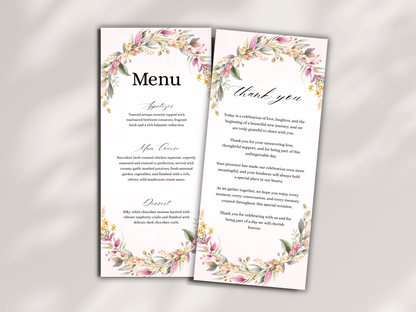Floral Wedding Menu Card, Table, Thank you, Editable Canva Template, Instant Download MTC404