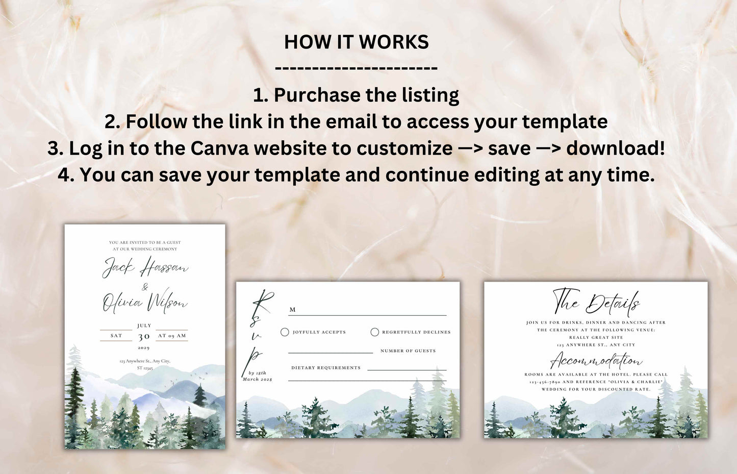 Mountain Wedding Invitation Template Set Pine Tree Wedding Suite, Details Card, Printable RSVP, Outdoor Wedding Invite. WI92