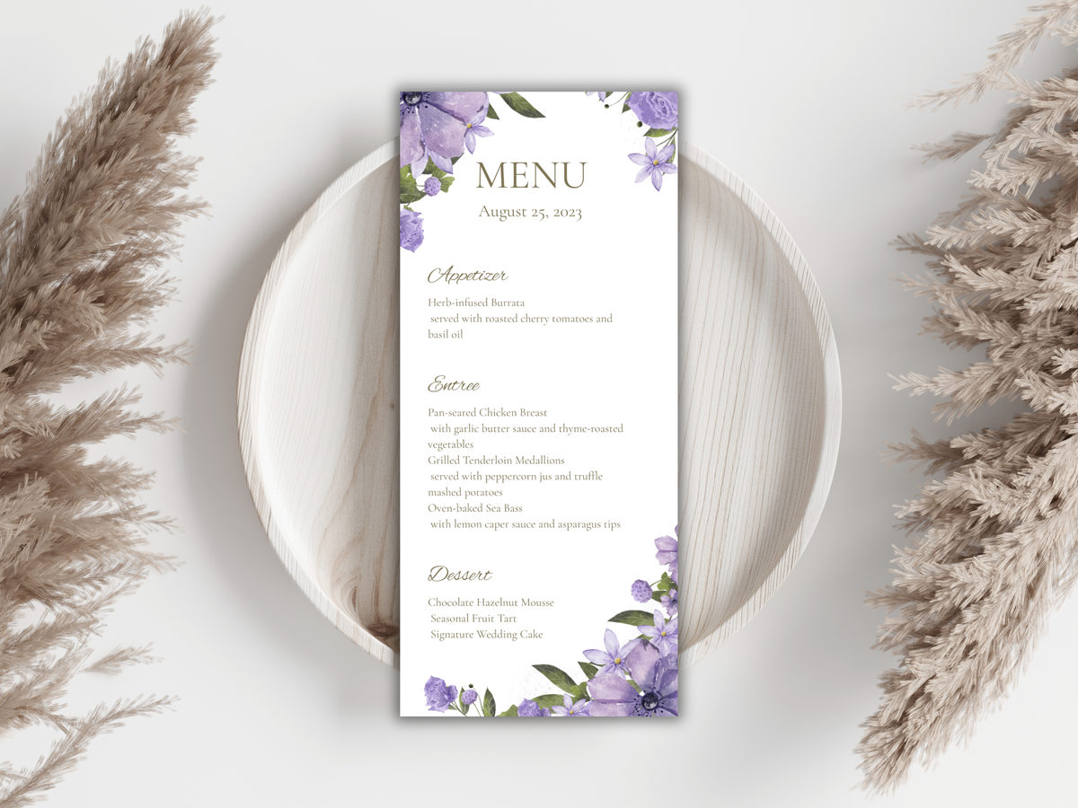 Lavender Floral Wedding Menu & Thank You Template | Editable Canva Place Card. WI204