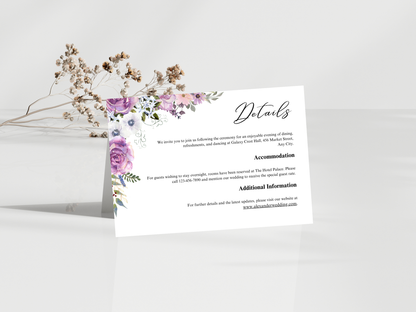 Purple Floral Wedding Invitation Suite, Editable RSVP, Details Card, WI378