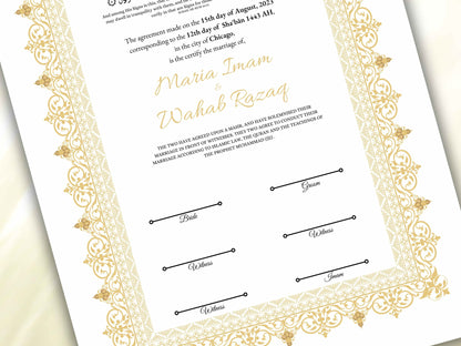 Luxury Nikkah Certificate, A4/A3 Islamic Wedding Contract, Muslim Marriage Certificate, Personalised Names, Nikah Nama, Quran Verse. NN196