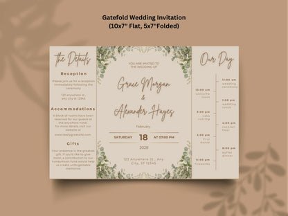 Elegant Greenery Wedding Invitation Template | Modern Eucalyptus Wedding Invite Itinerary & Details Card | Printable Digital Download.WI166