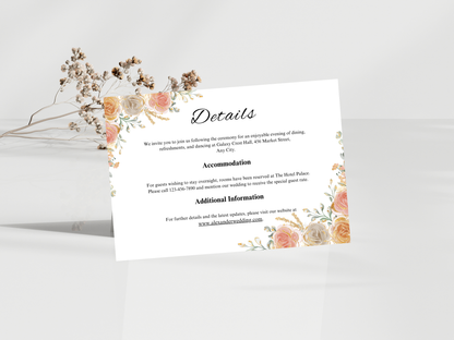 Blush Peach Floral Wedding Invitation Suite, Editable RSVP, Details, Menu & Thank You (Digital Download) MTC387