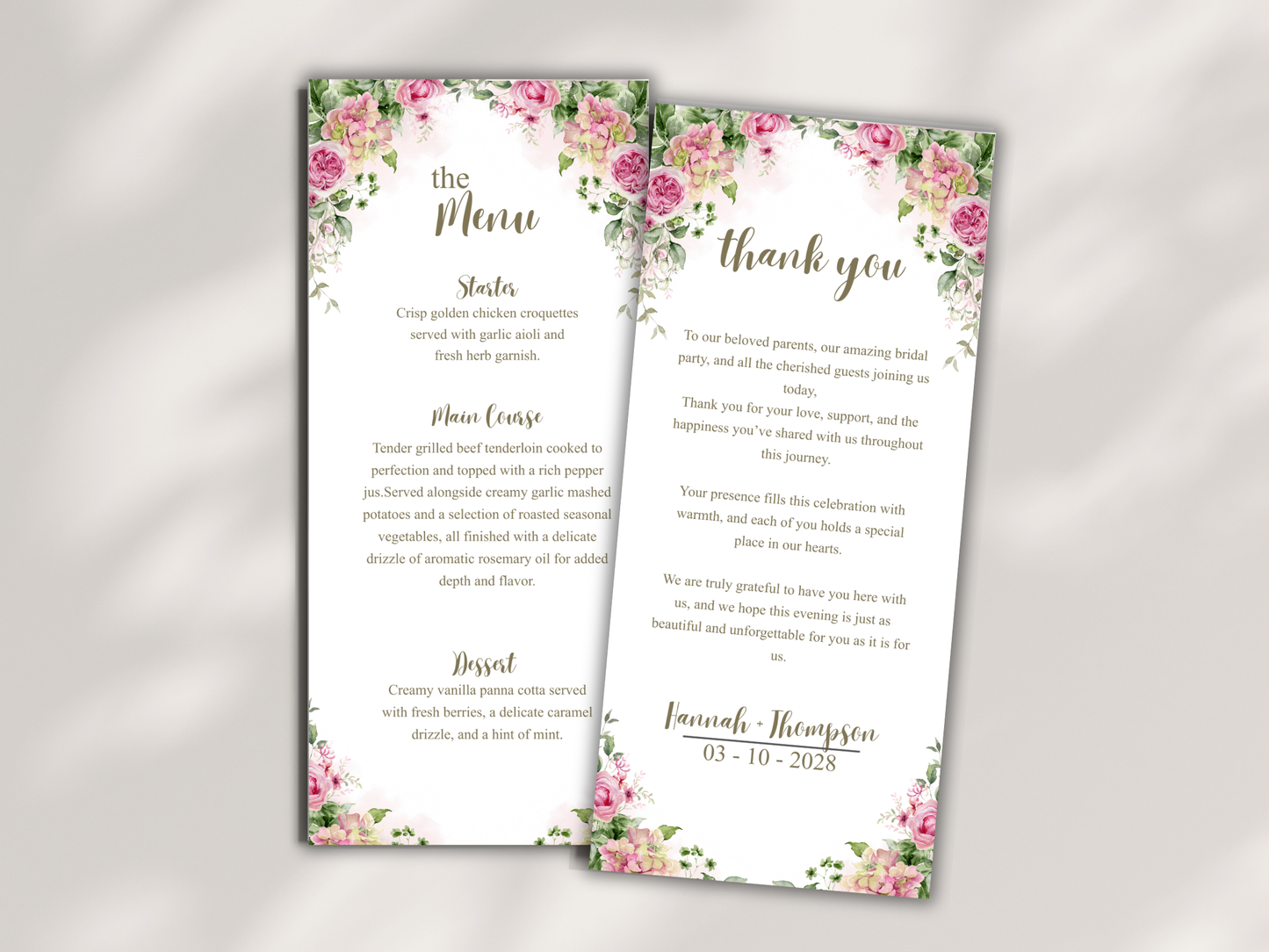 Wedding Thank you Card, Menu Card, Table Card. WI306
