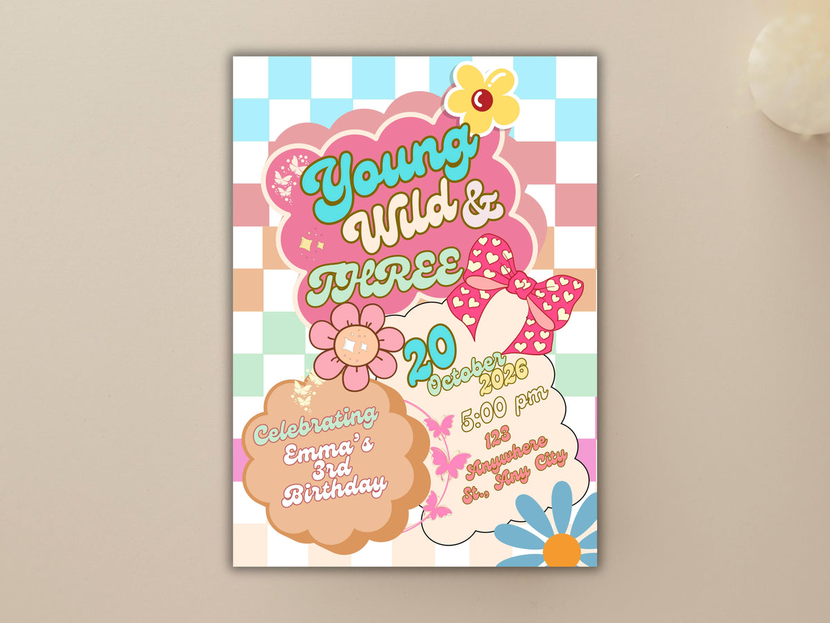 Editable Young wild and three Groovy Birthday Invitation EDITABLE Girl Daisy Rainbow Groovy 3rd Invite Hippie Party Template Instant. WEIB86