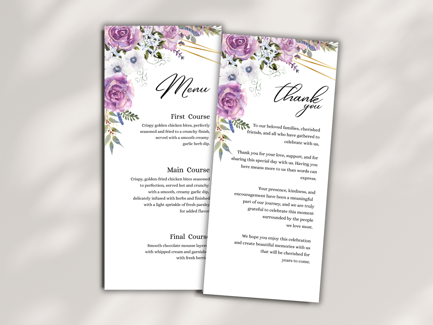 Floral Wedding Menu, Thank You, Table Cards (Editable Canva Template) WI378