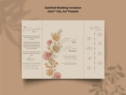 Gatefold Wedding Invitation Template with Itinerary | Floral Boho Wedding Invite | RSVP & Timeline Card | Printable Digital Download. WI165