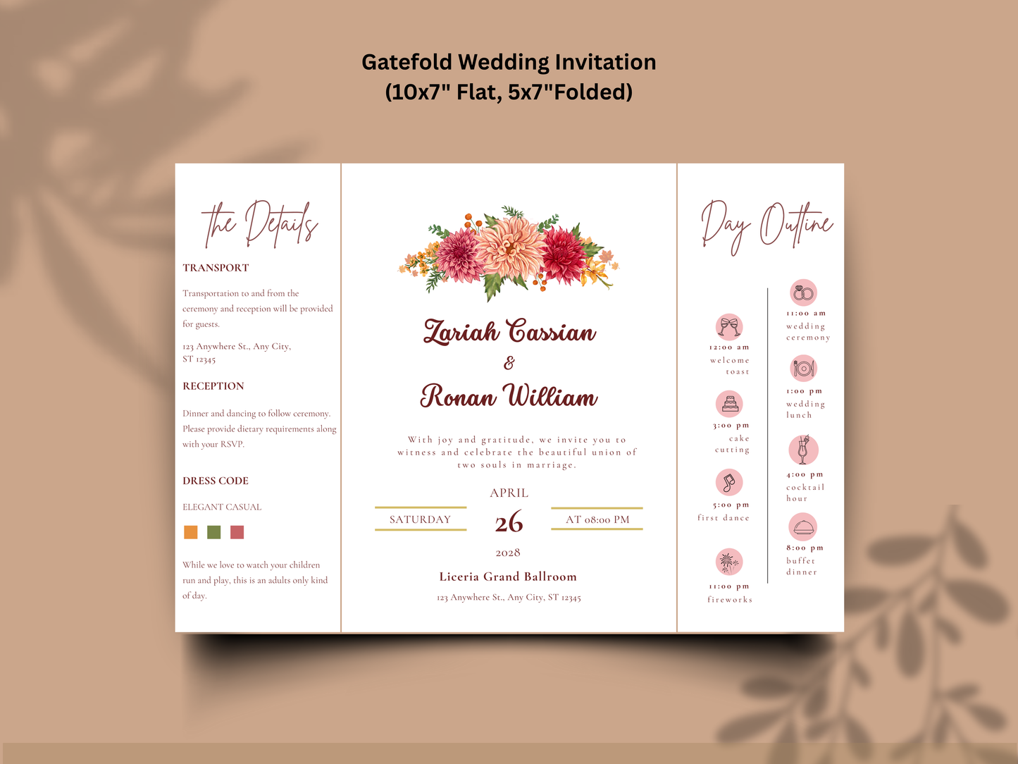Editable Gatefold Wedding Invitation Template | Floral Wedding Itinerary & Details Card | Elegant Canva Invitation | Printable Wedding Suite. WI183