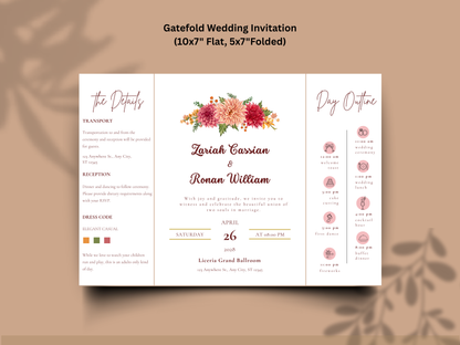 Editable Gatefold Wedding Invitation Template | Floral Wedding Itinerary & Details Card | Elegant Canva Invitation | Printable Wedding Suite. WI183