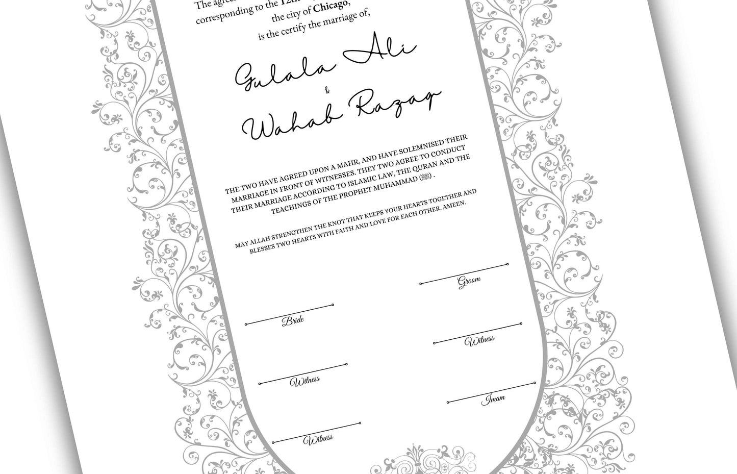 Personalised Nikkah Contract, Nikah Nama, Customised Muslim Marriage Certificate, Keepsake, Wedding Gift for Bride/Groom. NN152