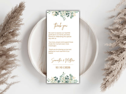 Boho Greenery Wedding Menu Template | Eucalyptus Place Card & Thank You Card | Minimalist Wedding Printable Set | Instant Download. WI188