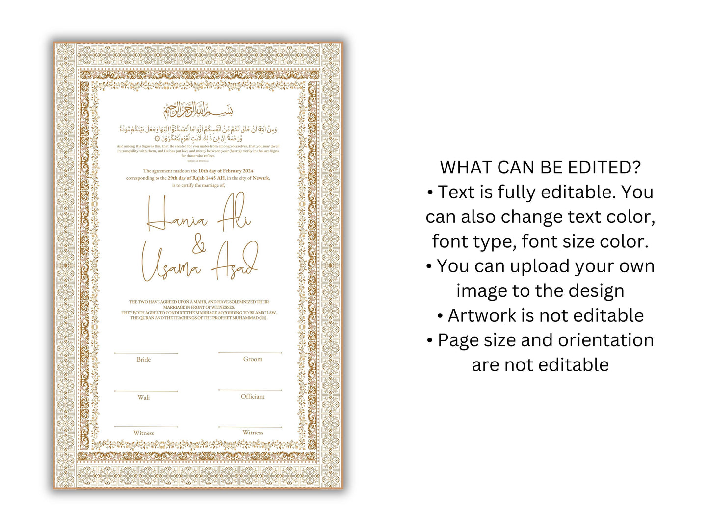 Nikkah Contract, Islamic Wedding Contract, Muslim Nikkah Certificate 11 x 17, Template, Instat Download. NN211