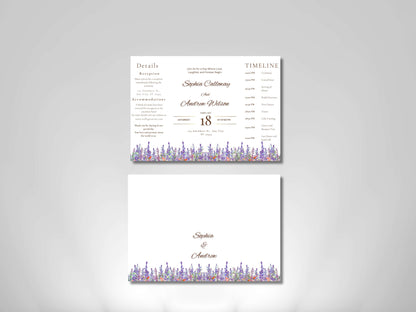 Elegant Floral Wedding Invitation with Timeline & Details | Purple Lavender Watercolor Template | Printable Reception Card. WIB130