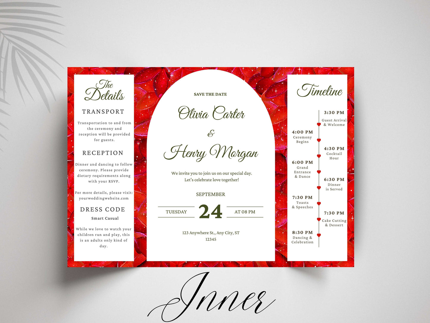 Red Rose Gatefold Wedding Invitation Template | Save The Date | Timeline & Details Card | Printable Wedding Invite | Editable PDF. WI153
