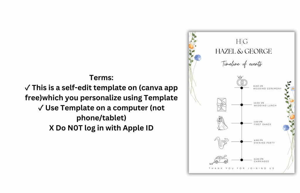 Wedding Order of Events Timeline Sign Template, wedding timeline template, Printable Timeline Wedding Sign, Instant Download. WT30