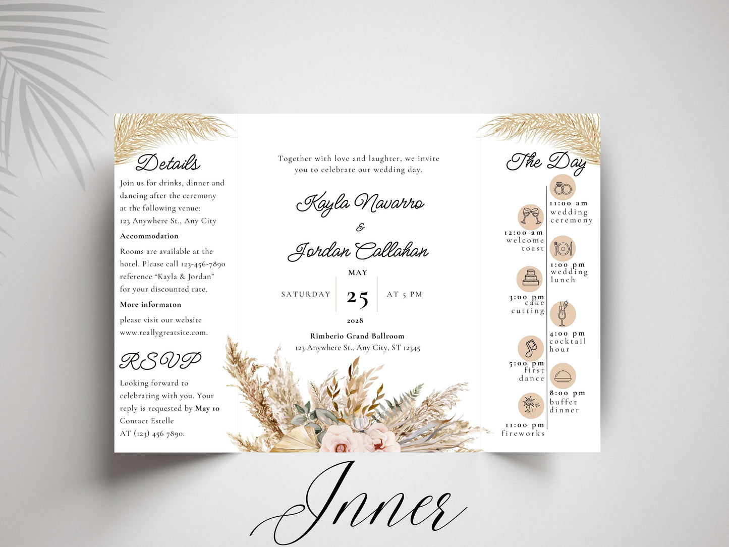 Rustic Gatefold Wedding Invitation | Boho Folded Invite with Timeline | Neutral Beige Floral Wedding Card | RSVP. WI142