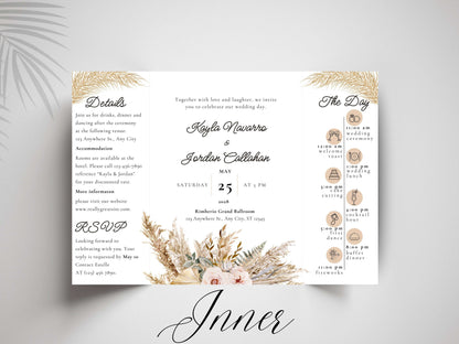 Rustic Gatefold Wedding Invitation | Boho Folded Invite with Timeline | Neutral Beige Floral Wedding Card | RSVP. WI142